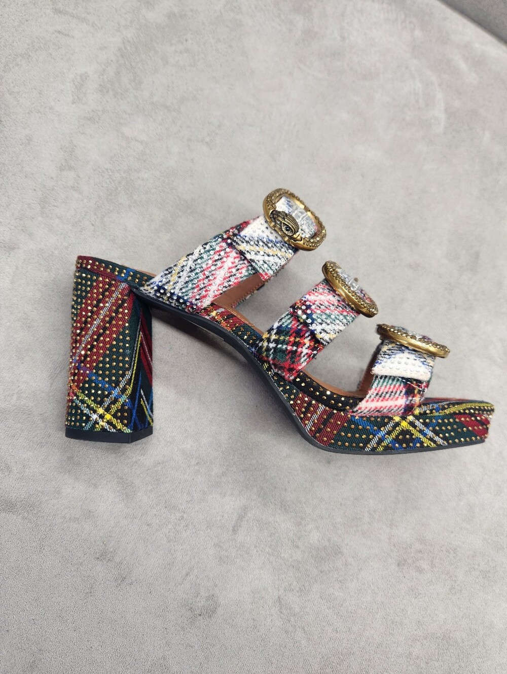 Kurt Geiger Heeled Mules 10 Plaid Mayfair Buckle Chunky Platform Sandal New $245 - Picture 3 of 16